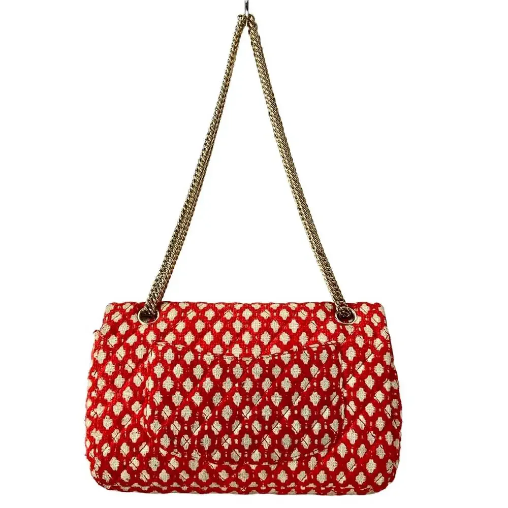 Chanel Double Flap Matelasse Shoulder Bag Red Cream Gold Tweeds Hardware